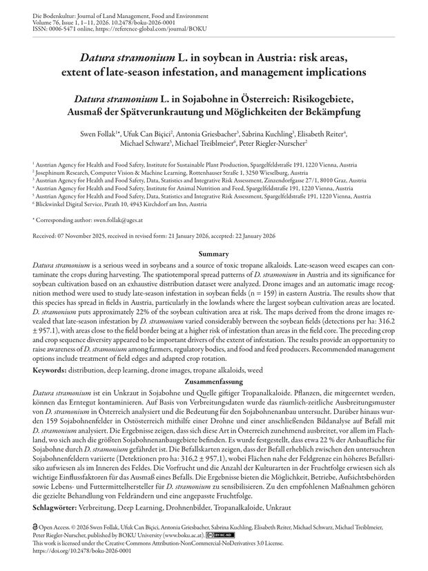 Titelseite der Publikation Follak et al. 2026 in Die Bodenkultur, Band 76 Heft 1