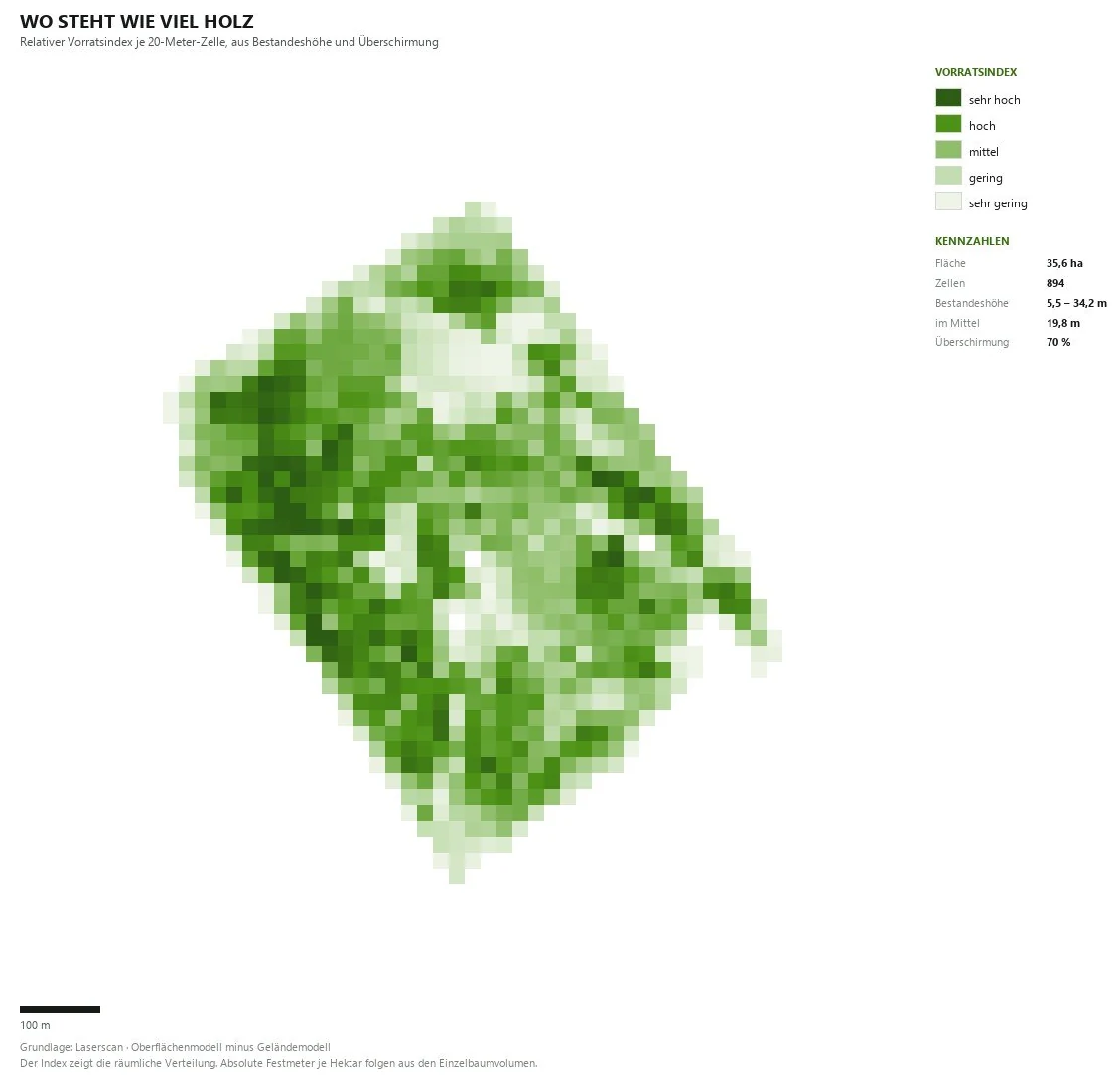 Karte eines 35,6 Hektar grossen Waldbestandes: 894 Rasterzellen zeigen farbig, wo viel und wo wenig Holz steht, mit Legende und Kennzahlen.