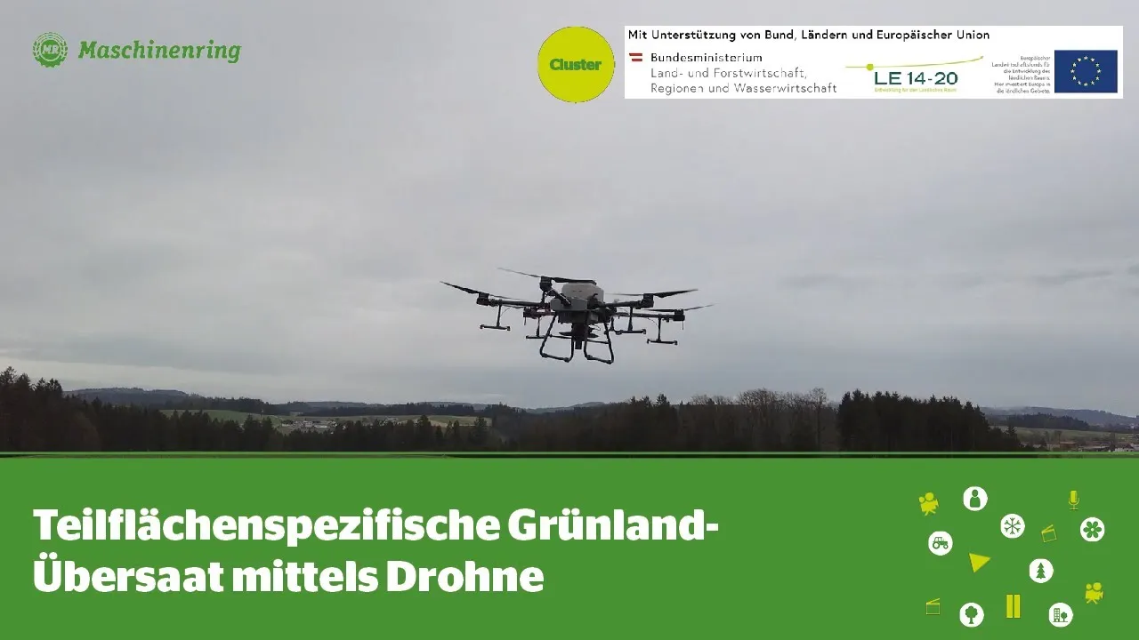 Agrardrohne über Grünland, Video der Maschinenringe Österreich zur Grünland-Übersaat